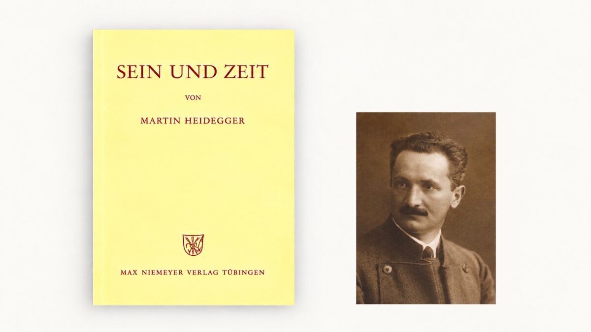 Buchcover «Sein und Zeit» von Martin Heidegger neben einem historischen Porträt in Sepiatönen auf hellem Hintergrund.