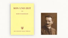 Buchcover «Sein und Zeit» von Martin Heidegger neben einem historischen Porträt in Sepiatönen auf hellem Hintergrund.